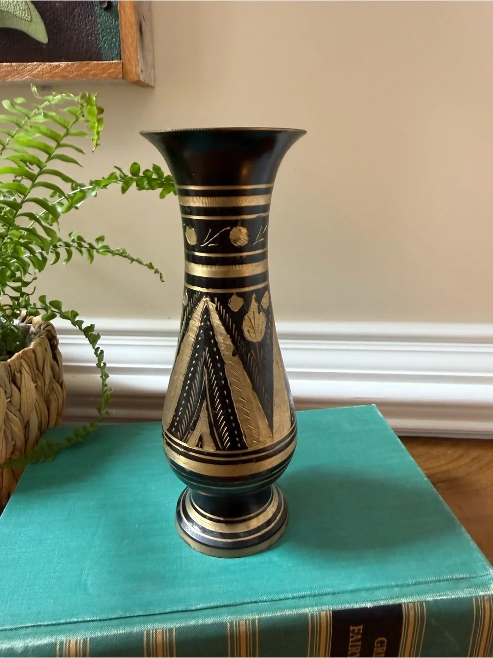 Vintage Black and Gold Etched Decorative Metal Vase